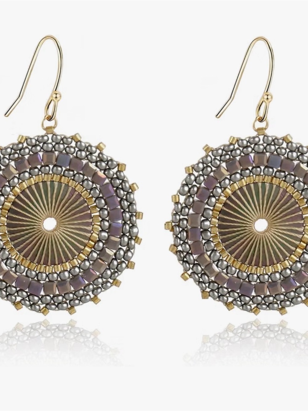 Gold and Taupe Grey Beaded Round Drop Earrings
